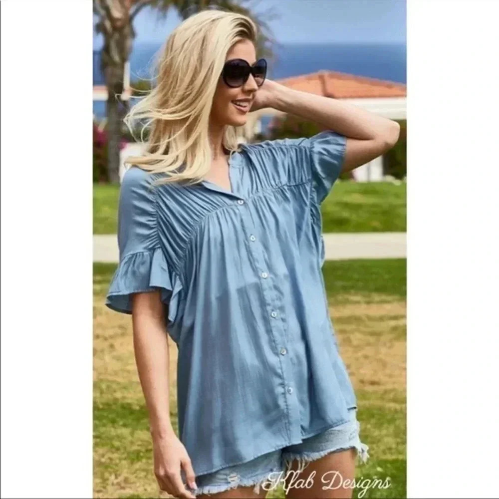 Shirred Blue Tencel Top NWT